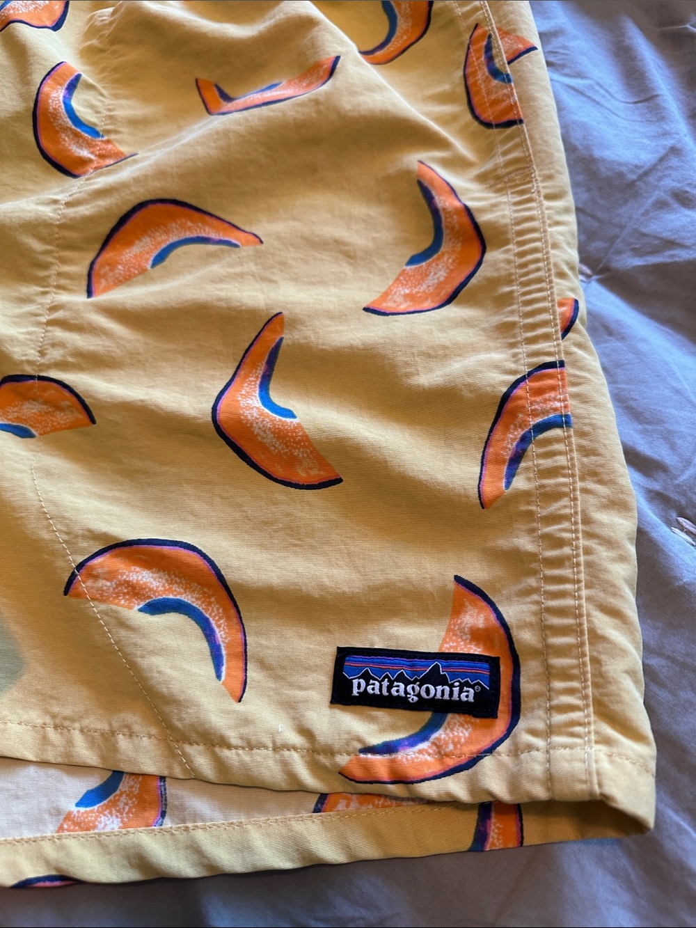 Patagonia Yellow Swim Shorts with Orange & Blue Rainbow Print size Large